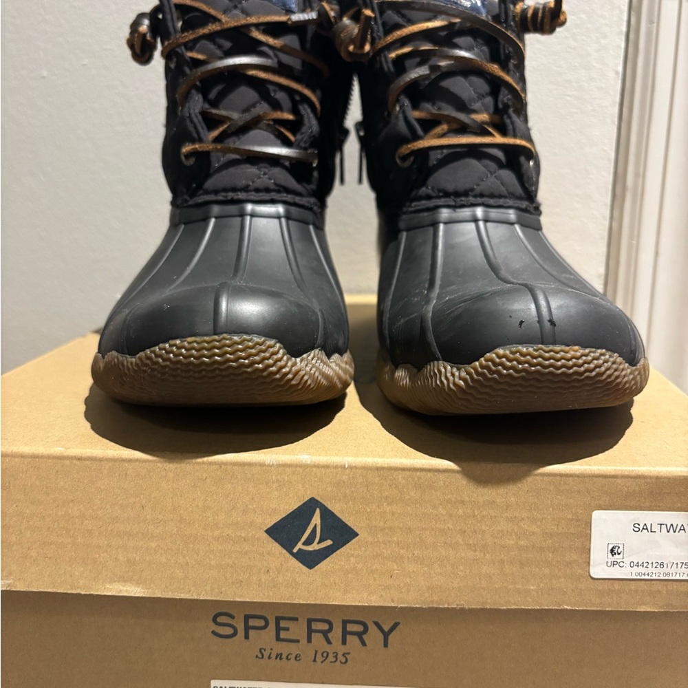 Sperry Black Duck Boots with Brown Soles and Laces